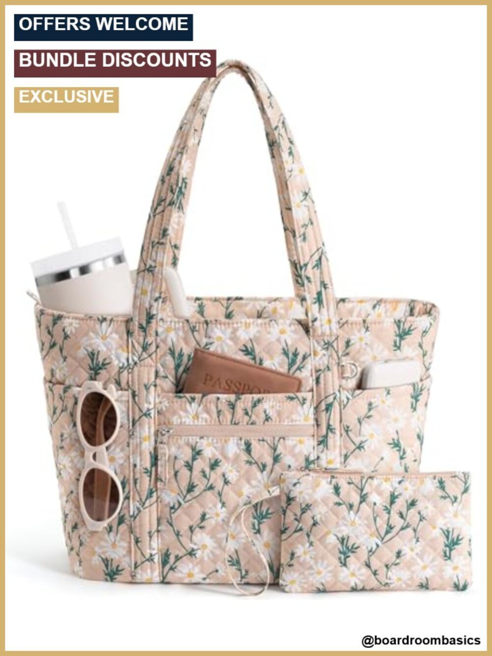 Quilted Cotton Tote Bag with 40oz Cup Holder, 14" Laptop Sleeve, Zipper,